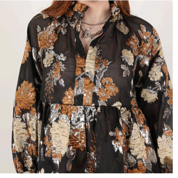 OTTOD'AME FLORAL Made in Italy METALLIC MINI DRESS Brown SIZE MEDIUM - Picture 4 of 16